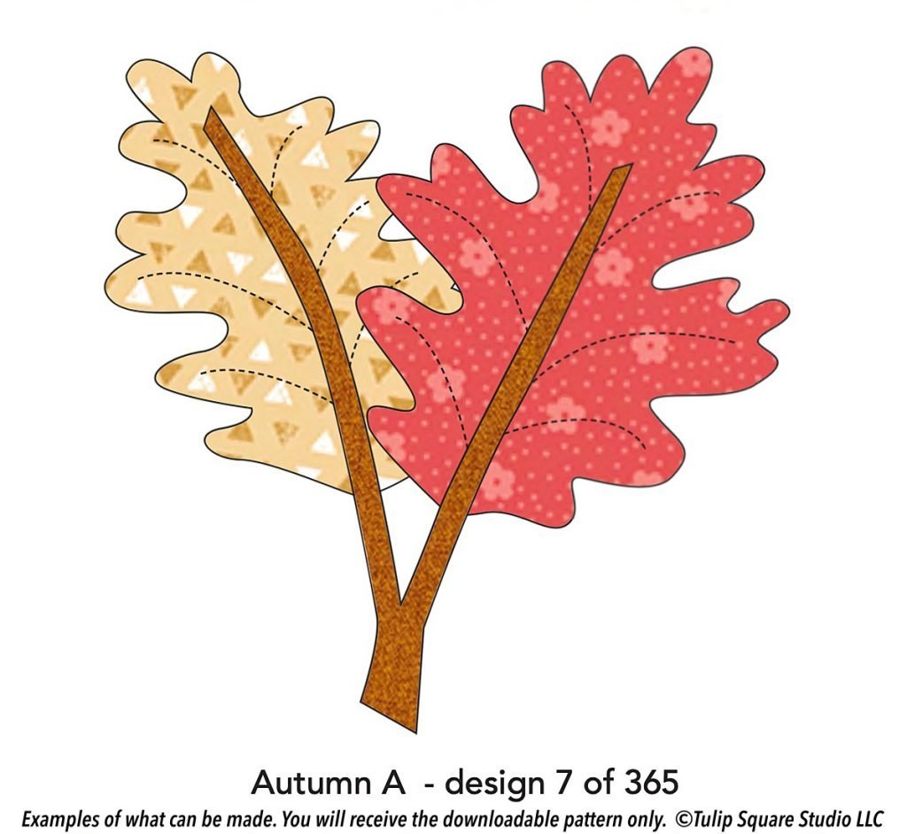 A graphic of two autumn leaves done in fabric appliqué