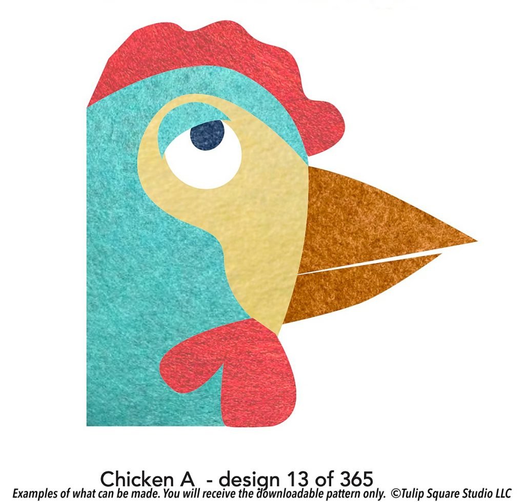 Graphic of a felt appliquéd chicken rolling its eyes