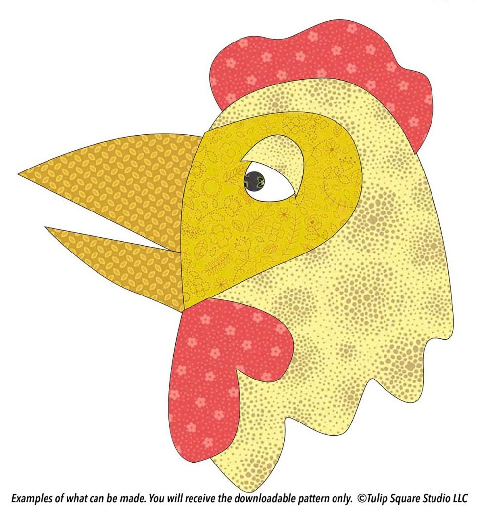 Comical chicken graphic made to look like patterned fabric appliqué