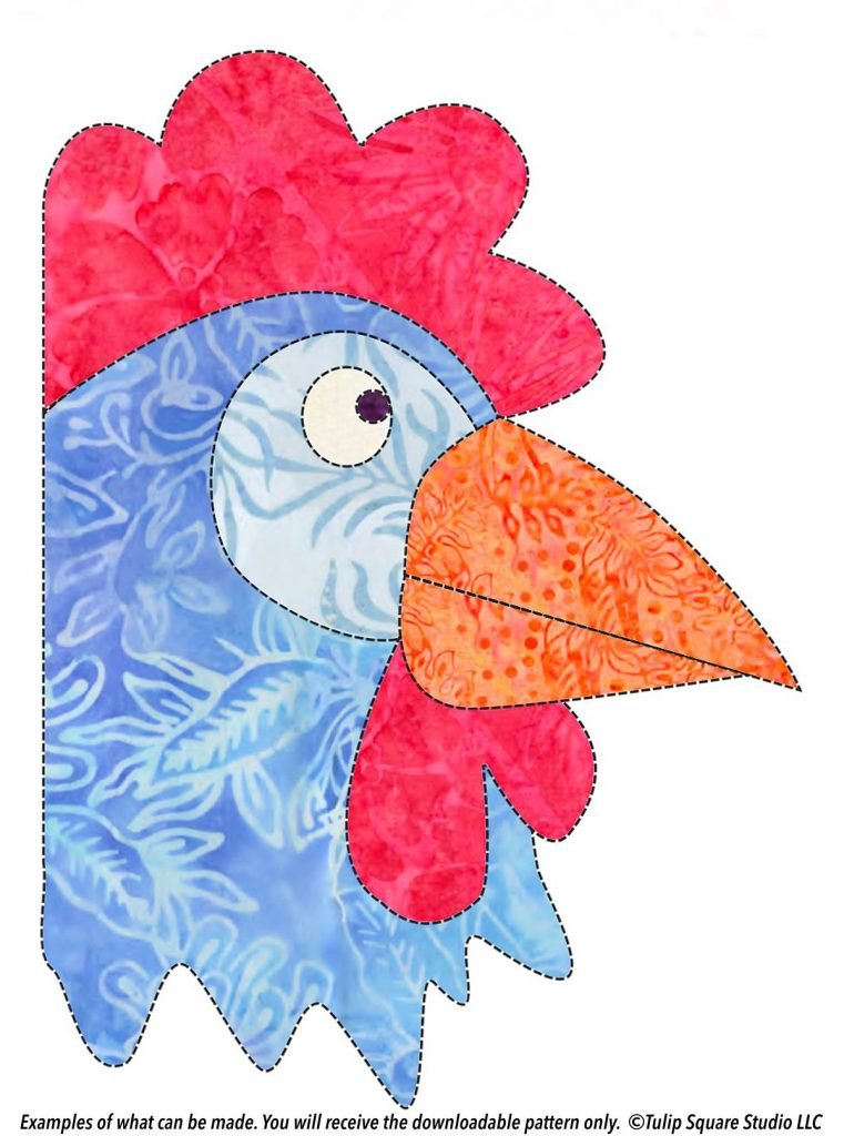 A cartoonical rooster created with patterned blue, red, and orange fabrics.