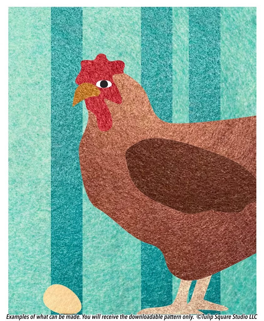 A hen admires her egg in a graphic made of colored felt, on a striped felt background.