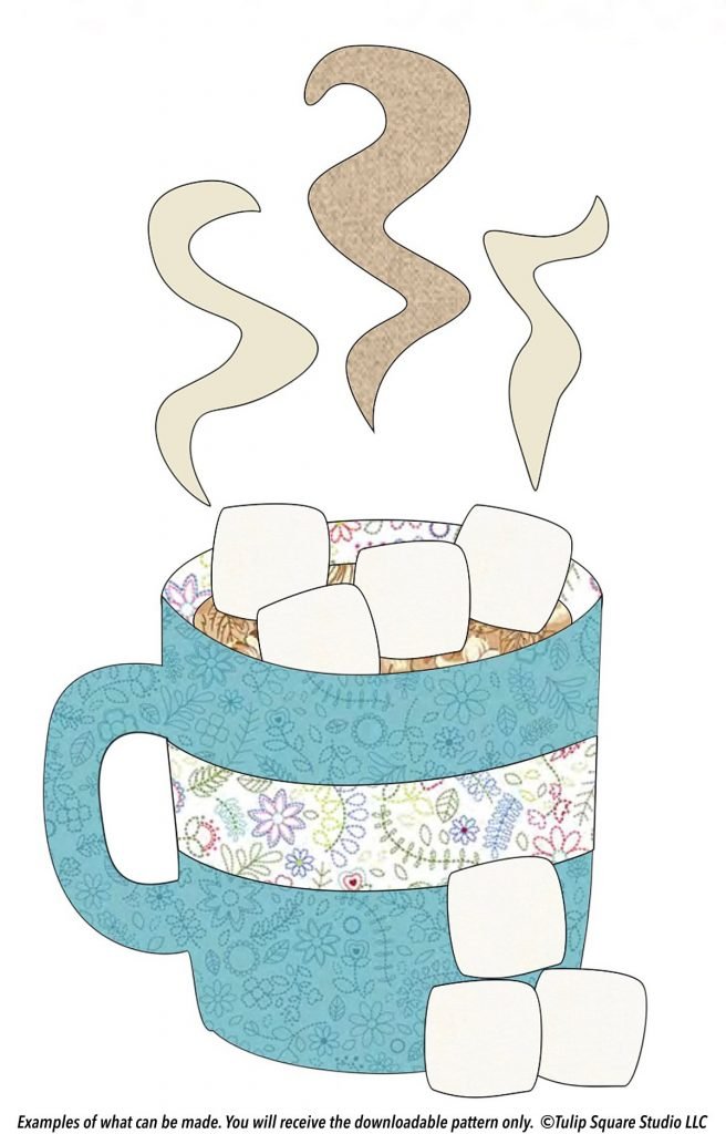 A steaming cup of hot cocoa, topped with marshmallows, drawn to look like fabric appliqué.
