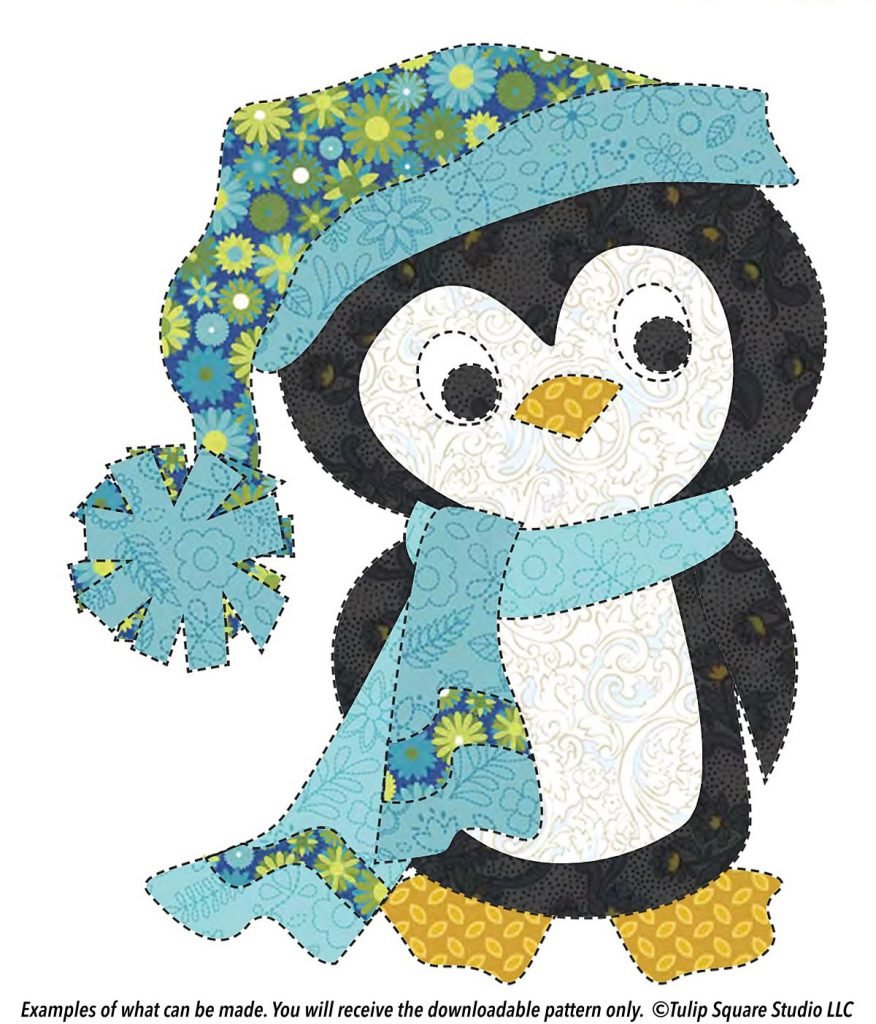 Cute whimsical penguin made of appliquéd fabric, wearing a winter hat and scarf.