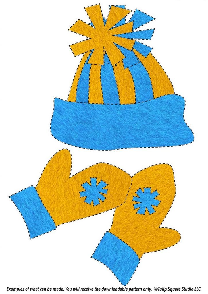 Free Winter Appliqué Pattern - Hat & Mittens - Blue and gold colored winter hat and mittens, in a whimsical style, created in felt applique.