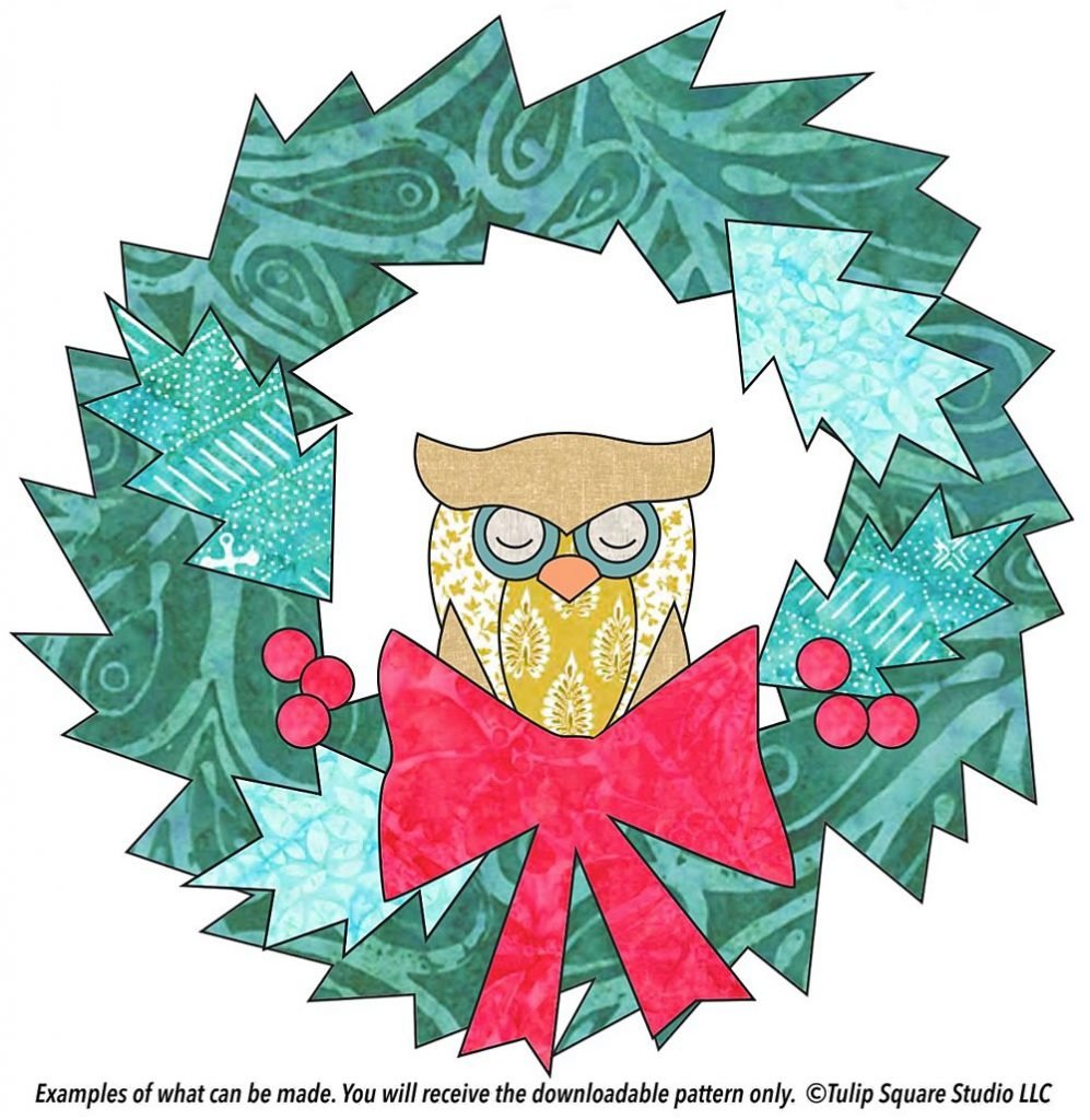 Hand drawn sleepy owl in the middle of a green wreath with berries and a big red bow.