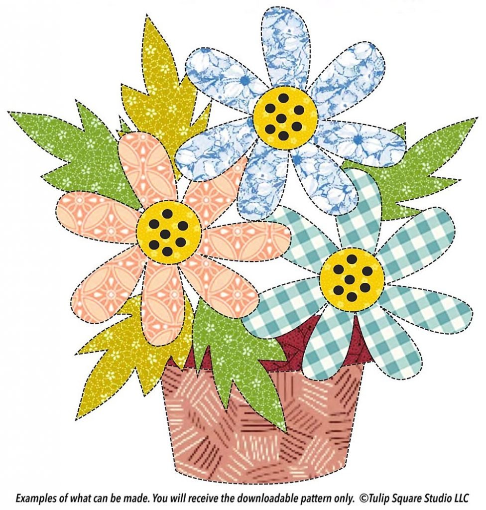 Drawing of three fabric flowers with leaves in a patterned fabric pot, appliquéd.