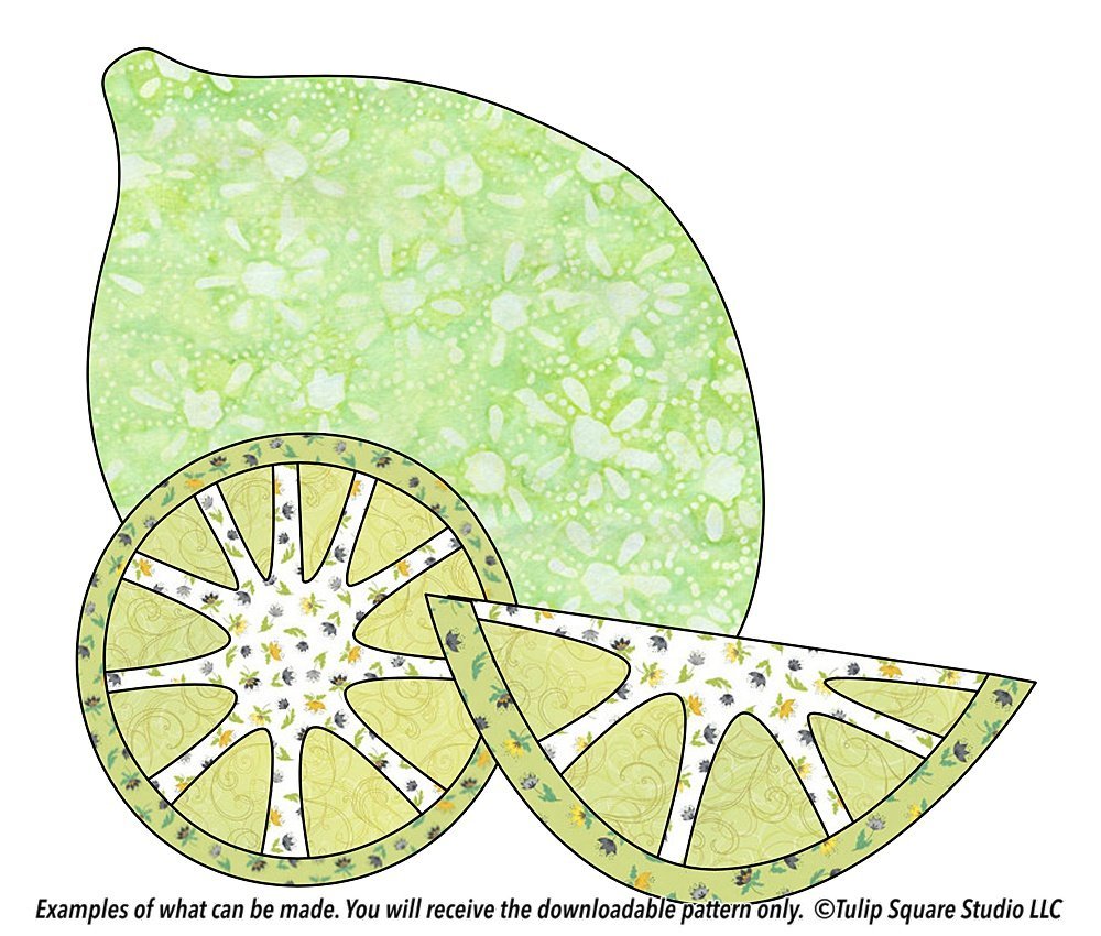 Drawing of a lime, a lime slice, and a wedge, filled with fabric patterns.