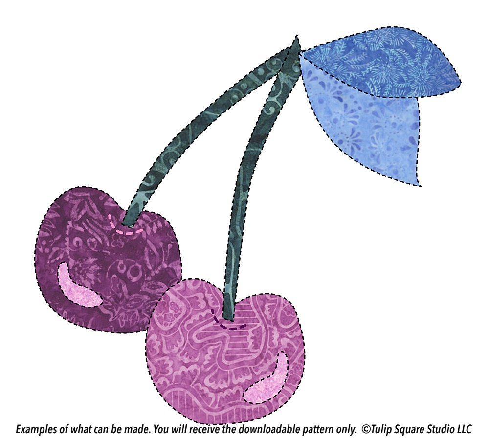 Drawing of two cherries on the stem, made of patterned fabrics.