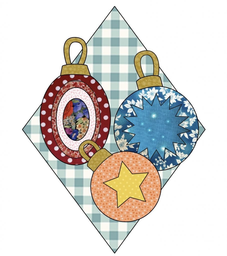 Drawing of three old fashioned Christmas ornaments, made with colored fabrics, on a diamond shaped gingham background.