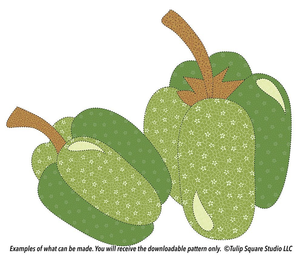 Graphic of two green peppers, made of patterned green fabrics.