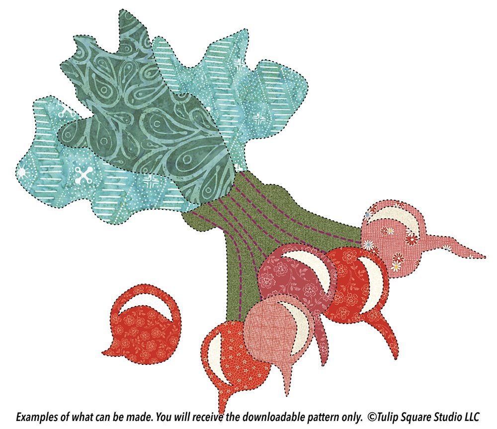 Drawing of a bunch of radishes with their leaves, made of fabric appliqué.