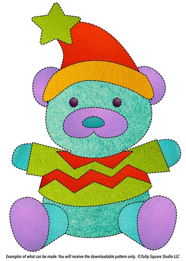Teddy bear in a hat and striped sweater, made of felt appliqué.