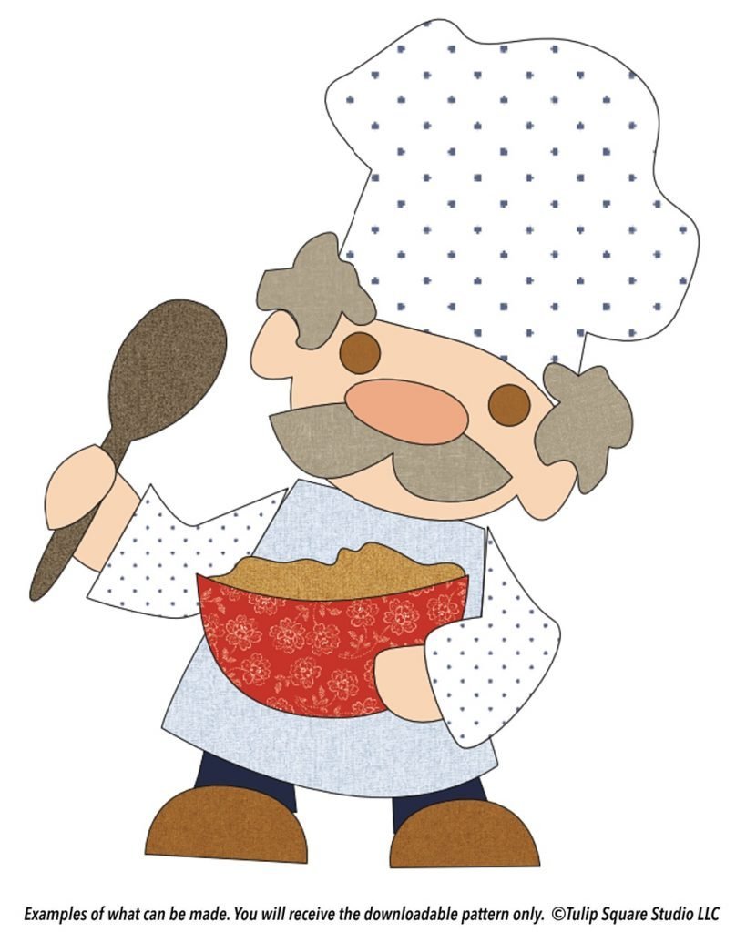 Cartoonical chef with a big mustache and a mixing bowl, in colored fabric appliqué.