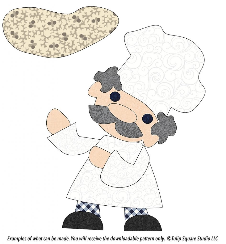 Chef tossing pizza dough, drawn in appliqué style.