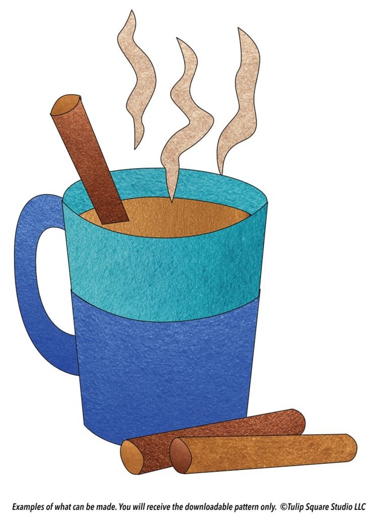 Hot Cup of Cider with a cinnamon stick in the cup, and two more sticks of cinnamon beside. All done in felt appliqué.