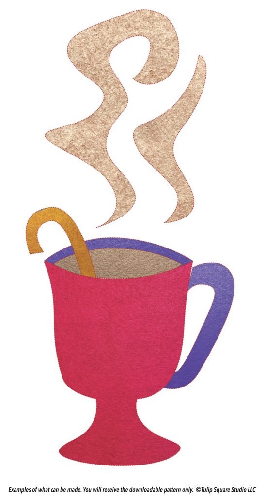 A steaming, stemmed cup of cocoa, with a candy cane garnish, done in felt appliqué.