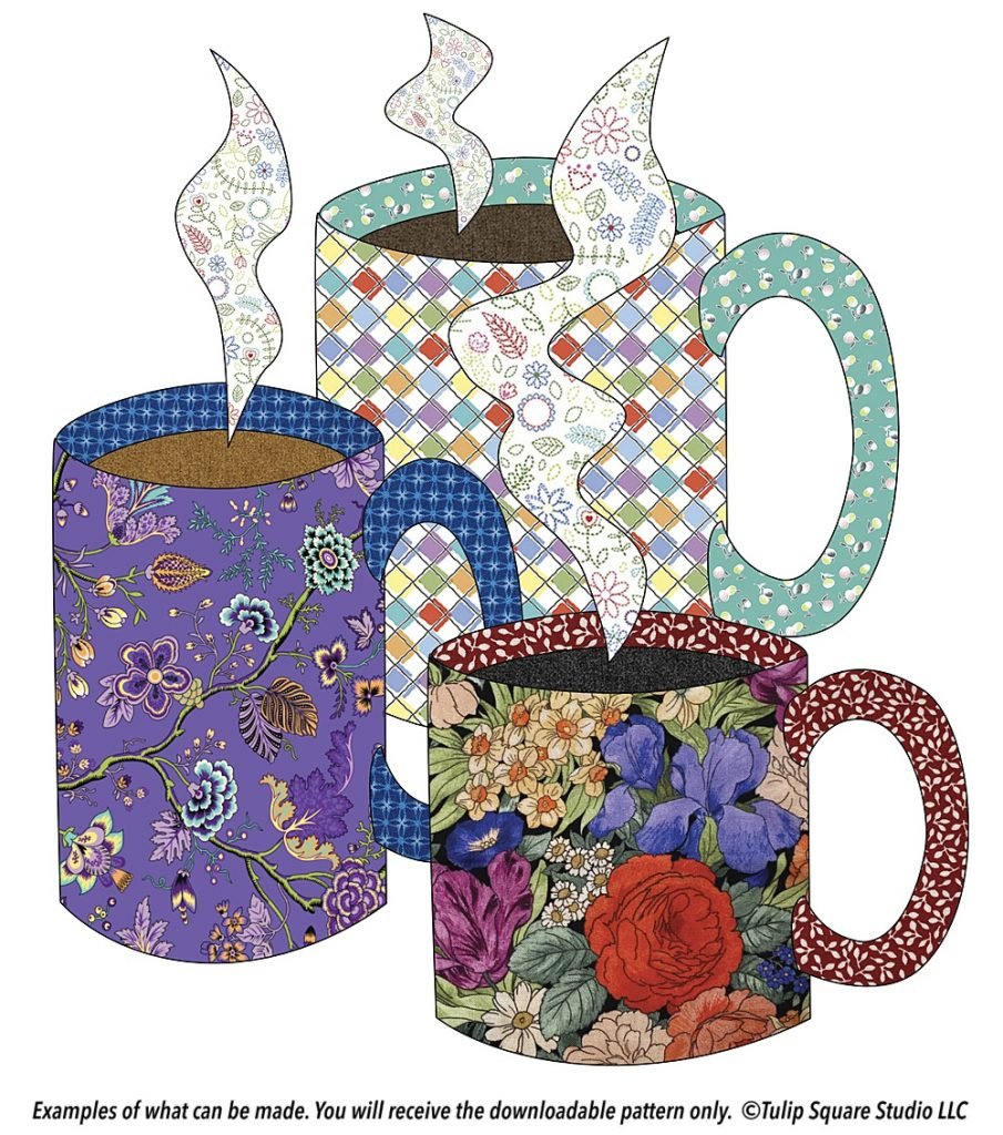 3 steamy mugs rendered in a variety of appliquéd fabrics.