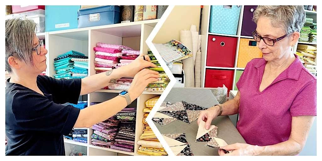 A split image: One side shows a woman selecting fabric, the other side shows a woman arranging quilt pieces.