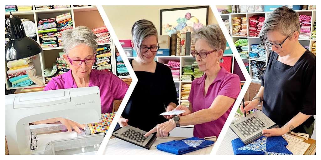 A collage of three images showing two women sewing and designing patterns